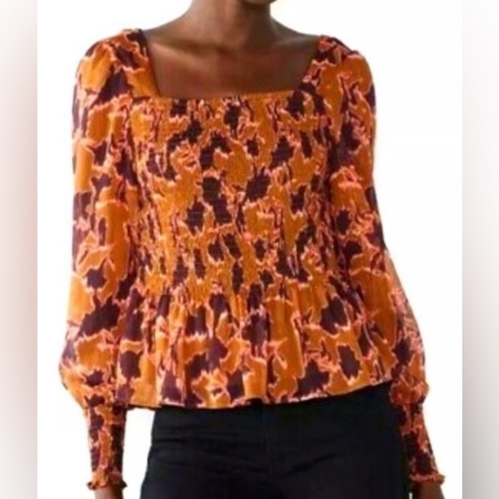Nine West Abstract Print Square Neck Smocked Bust Long Sleeve Blouse